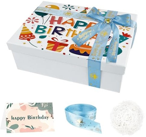 Thickened Empty Gift Boxes For Presents Medium, Happy Birthday Gift Boxes With Lids, White Boxes For Gifts 25 x 18 x 8.5 cm White Gift Boxes with Ribbon, Greeting Card, Shredded Paper for Kids Adults