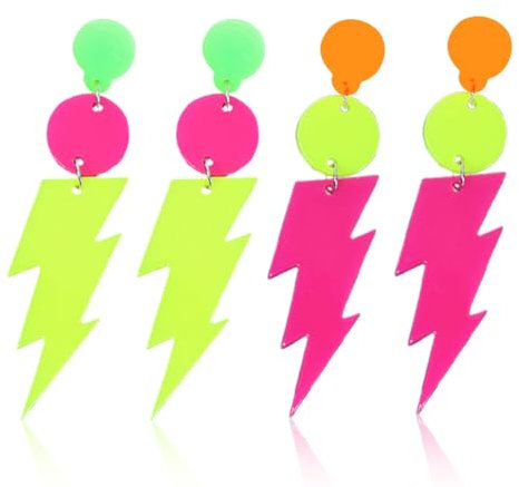 ZORTVUL 2 Paar 80Er 90Er Jahre Blitz Bolzen Ohrringe Retro Acryl Ohrringe Neon Ohrringe Damen 80Er Jahre Ohrringe Frauen Vintage Ohrringe Für Mottoparty Kostüm Party Maskerade Frau Mädchen
