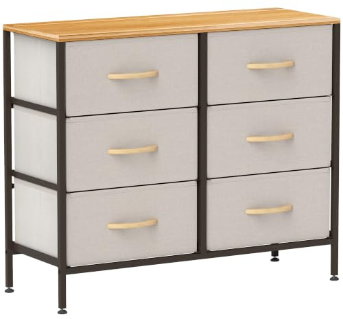 HOMCOM Fabric Chest of Drawers with 6 Fabric Drawers Cream White | Industrial Bedroom Dresser, Steel Frame, Wooden Top, for Nursery, Living Room, Hallway