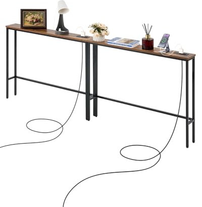 VEVOR schmaler Konsolentisch 2-teiliger Eingangstisch mit Steckdosen, 1-stufiger Flurtisch Beistelltisch Sofatisch mit Metallrahmen & Ladestation, für Eingangsbereich Flur Wohnzimmer