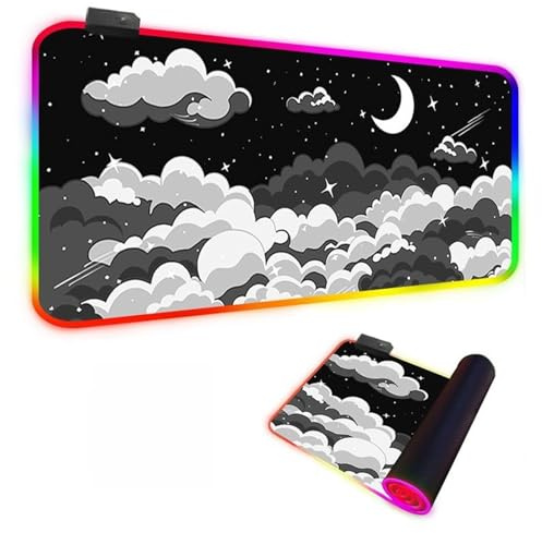 Mateju Cloud Moon Print Gaming Mouse Mat, XXL 7 LED Colours Mouse Pad,Non-Slip Rubber Base Desk Mat,14 Modes Glow Desk Accessories,Office Accessories for Gaming PC Laptop (Black,800x300x4mm)