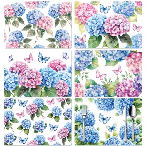 Peacoblue Table Placemats Set of 6,Hydrangea Vinyl Place Mats | Washable Table Mats, Durable Plastic Placemats for Kitchen Dining Table, Farmhouse Decor, Heat Resistant Easy Clean Surface