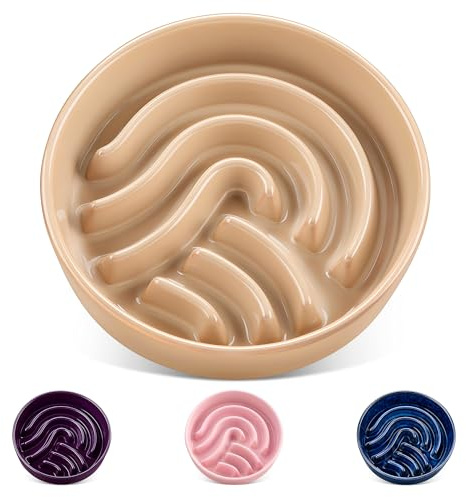 vancasso Slow Feeder Dog Bowl, 1.5 Cup Ceramic Slow Feeding Food Dish | Perfect for Small and Medium Breed, Puzzle Pet Food Bowl for Cat & Dog, Non-Slip & Tip-Proof, Brown