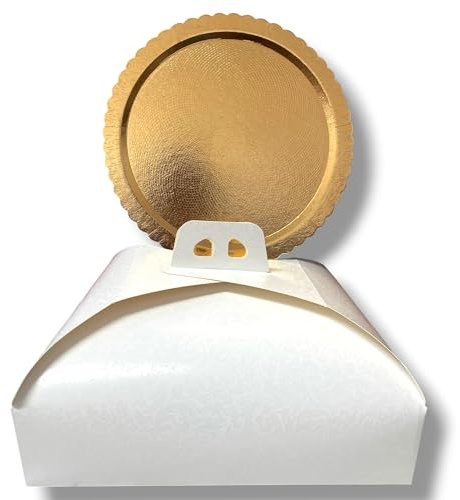 Generico Kit Vassoio Tondo Dorato + Scatola Porta Torta Bianca | Ø 30/36 / 42 cm | Cartone Rigido con Bordo Ondulato | idea party Monouso per Torte, Dolci, Pasticceria (36cm)