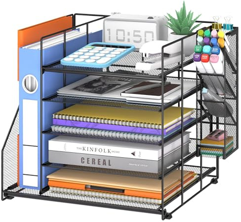 ReePlan Desk Organiser File Holder, 5-Tier Paper Organiser with Pen Holder and Drawer, Magazine File Organizer for School, Office, Home, Desktop Tidy (Black)
