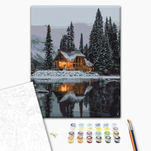 murando - Malen nach Zahlen Haus im Winter am See 50x40 cm Malset mit Holzrahmen auf Leinwand für Erwachsene Kinder Gemälde Handgemalt Kit DIY Geschenk Dekoration BS52498