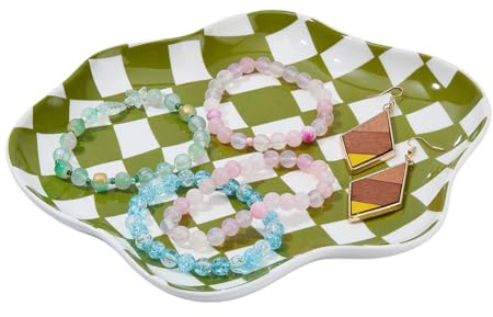 DICOSMETIC 1 plateau à bijoux en céramique olive à carreaux - Petit support à bijoux en forme de nuage - 23 x 19 x 2,5 cm - Assiette à bijoux décorative pour porte-clés, boucles d'oreilles, maison