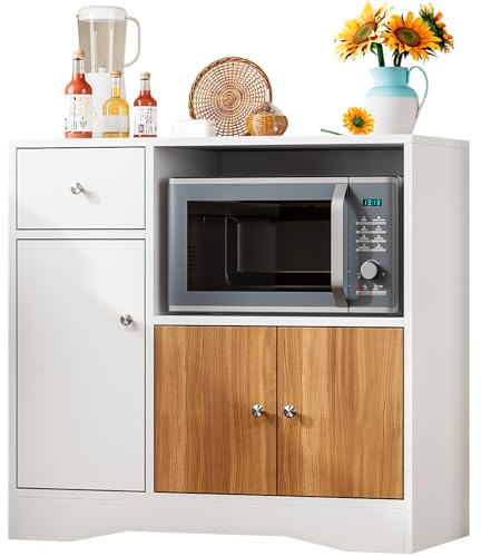 Solerconm Meuble Micro-Ondes avec Tiroir de Rangement, Design Moderne Blanc et Bois Naturel, Buffet de Cuisine Multifonction avec Plan de Travail Imperméable (Blanc)