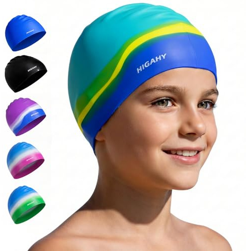 Bonnet de Bain Enfant - Silicone Bonnets Piscine pour Garçon Fille 3 à 15 Ans, avec Imperméable et Anti-dérapant,idéales pour la Natation et Plongée