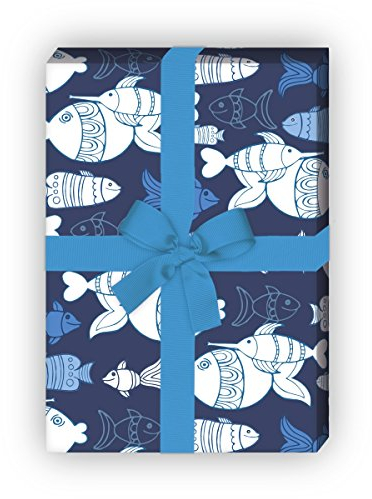 Unter Wasser Geschenkpapier Set (4 Bogen) | Dekorpapier mit vielen Fischen als edle Geschenkverpackung zur Taufe, Geburt, Ostern, Geburtstag, Hochzeit, Weihnachten (32 x 48cm)
