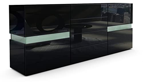 Vladon Sideboard Flow, Made in Germany, Schwarz Hochglanz/Schwarz Hochglanz - Moderne Kommode mit Ambient Light Verglasung für Ihr Wohnbereich (177 x 75 x 39 cm)