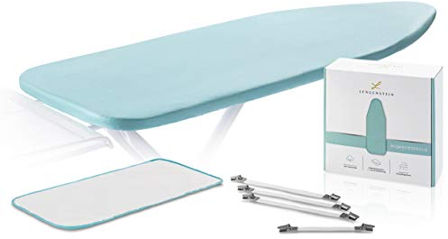 Lengenstein® Bügelbrettbezug mit Komfortpolsterung 120x40 Bügeltischbezug für Dampfbügeleisen inklusive Spannclips und Bügelschutztuch (türkis)