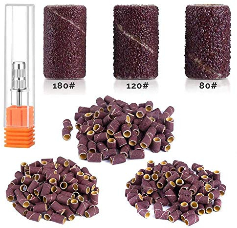 MelodySusie 300stk Schleifhülsen Schleifkappen Nagelfräser Aufsatz Schleifbänder 180 mit 1 Mandrel Aufsatz für Maniküre Pediküre Nageldesign Nagelkunst Nagelpflege (Rot 300stk)