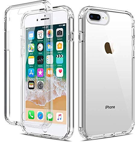 LCHULLE Crystal for iPhone 7 Plus 8 Plus Case 360 Shockproof Clear Cover Silicone Glossy Bumper Screen Protector, Front and Back Full Body Drop Proof Protective Anti Yellow Case-Transparent