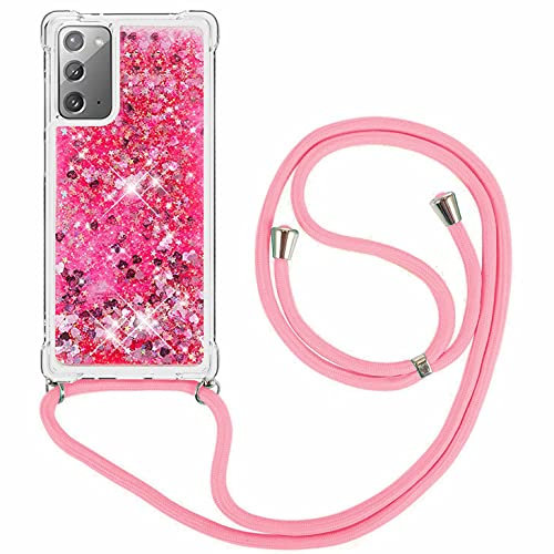 FMPCUON Coque Samsung Galaxy Note 20 Glitter Liquide Collier pour Téléphone Portable avec Cordon - Lanyard Paillettes Flowing Sand Silicone Gel TPU Housse avec Smartphone Collier Étui, Or Rose