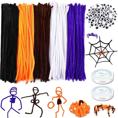 Halloween Pfeifenreiniger Set, UPINS 550 Stück Pfeifenreiniger zum Basteln, 5 Farben Chenille Pfeifenputzer mit 4 Größen Wackelaugen für Halloween DIY Basteln