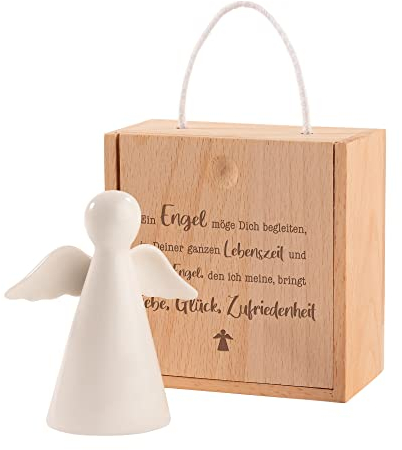 Casa Vivente Weißer Porzellan Schutzengel in Kleiner Holzbox mit Schiebetürchen und Gravur, Engelfigur als Glücksbringer, Verpackung für Geldgeschenke, Deko Engel als Geschenk