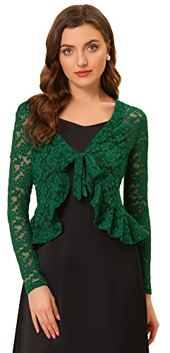 Allegra K Women's Bolero Shrugs, Lace Shrug, Long Sleeve Floral Crop Cardigans Dark Green L-16