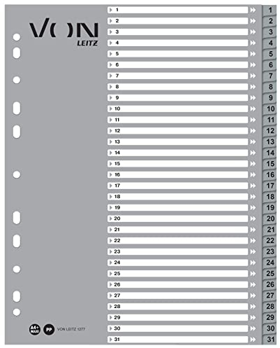 VON Leitz 10er Pack Zahlen-Register A4, 1-31 nummerirte Trennblätter für Ordner, PP, Extra breit, 11-Loch-Universalregister für Schnellhefter & Ringbücher, Grau, 12770085