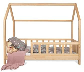 Alije Kieferholz Hausbett, Kinderbett, mit die Sicherheitsgeländer und Latternost, hohe Qualität (90x200, MIT Rausfallschutz)