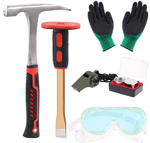 Tanstic 6 piezas de geología Rock Pick Hammer Kit de martillo de 30.5 oz y cincel de excavación de 12 pulgadas, silbato, lupa y guantes, juego de equipo de caza de roca para romper piedras de caza