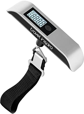 travel inspira Bascula Maletas Viaje, Pesa Maletas Viaje Digital (Plata) | 50kg/110lb, Evita el Exceso de Equipaje, con Indicador de Sobrecarga, Apagado Automático, Pantalla LCD, Viajes Accesorios