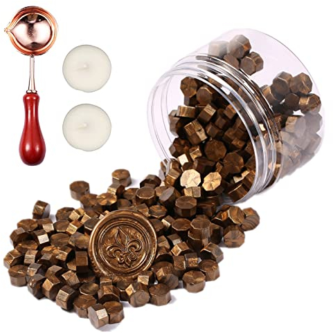 Comealltime Juego de 248 piezas de cera para sellar octogonales con 2 velas de té y 1 cuchara de fusión, barniz para sellos de cera (marrón)