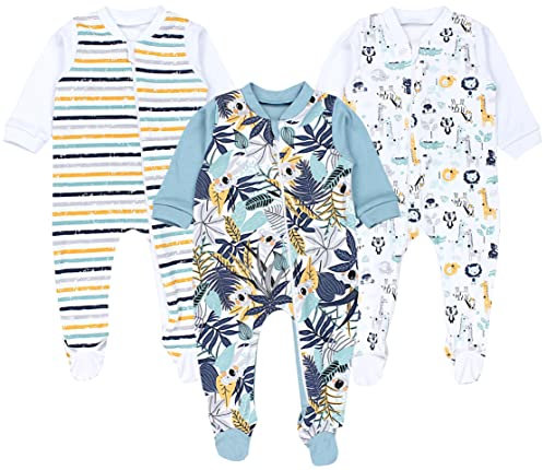 TupTam Baby Unisex Schlafstrampler Mädchen Schlafanzug mit Fuß Jungen Spieler 3er Pack, Farbe: Koala Safari Streifen Mintgrün Orange Blau, Größe: 86