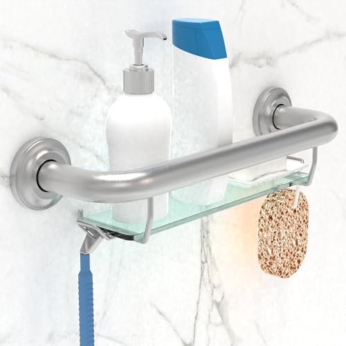 AquaChase ADA Compliant Grab Bar with Glass Shelf for Shower Wall and Bathtubs, 500lbs Weight Support, 1-1/4 x 16 inch for Stud Mount, Brushed Nickel