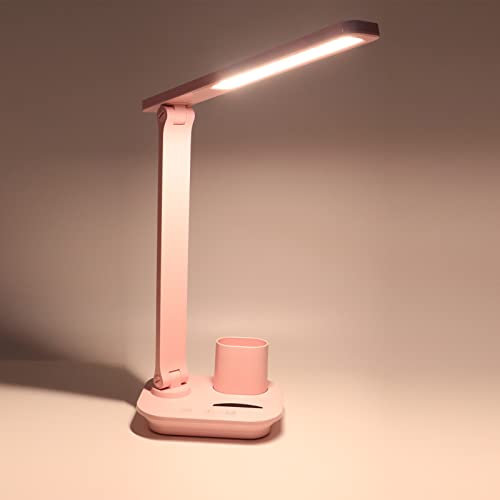 LED-Schreibtischlampe mit Organizer-Sockel, Dimmbare Schreibtischleuchte, 3 Farbmodi, Einstellbare Helligkeit, Moderne Tischlampe, Augenschonende Leselampe für Heimbüro, Arbeiten, (Rosa)