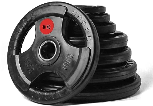 Strongway® Olympic Weight Plates Discs Pair for Barbell Bar - 2 Inch / 50mm Hole - Rubber Coated Cast Iron Weights Tri Grip Range of Weights and Sizes (5KG X 2)