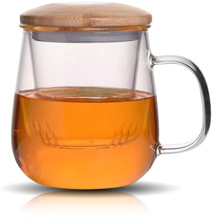 Gohytal Taza de té con tapa y colador, 420 ml de vidrio de doble pared, taza con colador de té extraíble y tapa de bambú, taza de té transparente para té suelto, té floreciente, bolsa de té ideal
