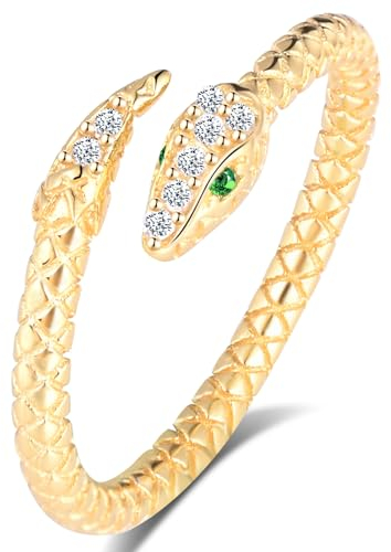 MICGIGI Damen Ring 925er Sterling Silber Offener Ring Retro Zirkonia Schlangen Gestaltung Verstellbarer Ring Finger Ring(Gold)