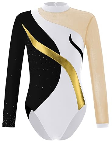 Runhomal Turnanzug Mädchen Langarm Glitzernde Kinder Gymnastikanzug Rundhals Ballettbody Turnbody Klassisch Trikotanzug Dancewear 3-16 Jahre C Schwarzes Gold 146-152