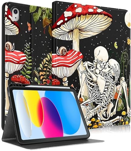 Pegmode Schutzhülle für iPad der 10. Generation, 27,7 cm (10,9 Zoll), niedlicher Totenkopf-Design, lustiges Gothic-Skelett-Pilz-Design mit Stifthalter, Smart-Cover für Apple iPad 10. Generation 2022