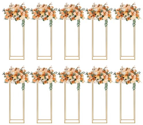 TESUGN 10 Stück Gold Vase für Hochzeitsdekorationen 80 cm Hoch Blumenständer Metall Bodenvase Säule Geometrische Mittelstücke Steht Rechteckig Präsentationsständer für Hochzeiten Party Dekorationen