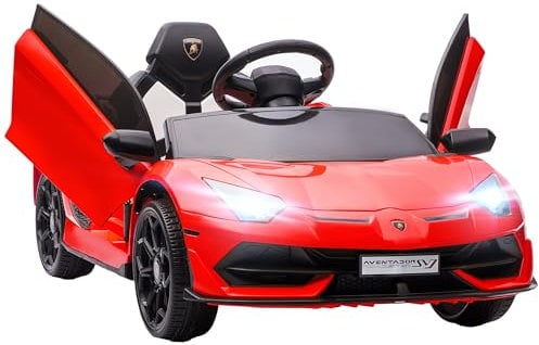 HOMCOM Voiture électrique pour Enfants, Licence Lamborghini Aventador SVJ, 12V avec Portes Papillon, télécommande LED, Musique, USB, Vitesse 3-5 Km/H, Rouge