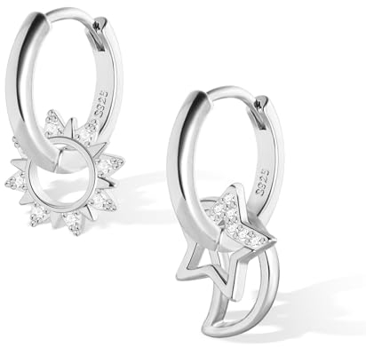 ALEXCRAFT Mond Sonne Stern Ohrringe Silber 925 Hängend Creolen Klein Damen Geschenk für Frauen Freundin Mama Mädchen