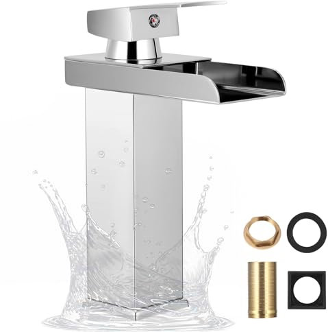 Square Basin Taps with Pop up Waste, Waterfall Basin Mixer Taps with Drain, Semi-Open Bathroom Sink Taps, Hot & Cold Basin Mixer Tap for Washroom