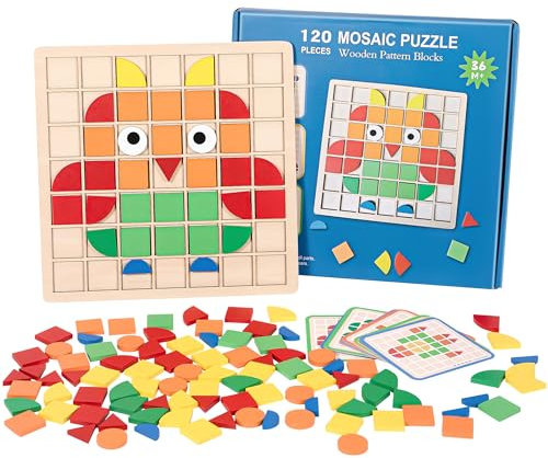Mosaik Puzzle, Holz Kinder Geometrische Formen Tangram Muster Blöcke Set, Steckspielzeug Brettspiel, Montessori Spielzeug Kinder Pädagogisches ab 3 4 5 6 Jahre