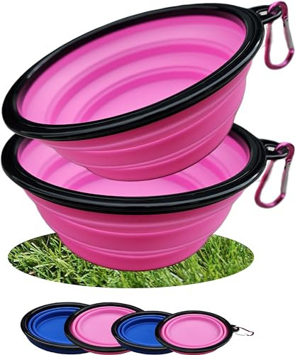Collapsible Travel Dog Bowl Portable Large Or Small Pet Water and Food Feeding Bowl Outdoor Easy To Carry With Hook Blue or Pink (2 Small Pink)