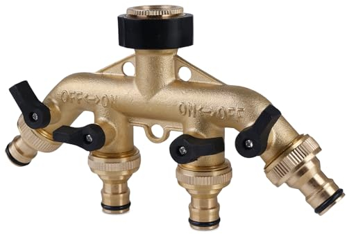 TOATELU Répartiteur 4 voies en laiton 3/4 Raccord d'eau Distributeur de tuyau d'arrosage Débit d'eau réglable et verrouillable Distributeur d'eau 4 voies pour jardin, irrigation, extérieur