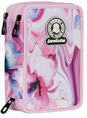 Invicta Astuccio Scuola 3 Zip Fantasy, Rosa e Viola, Triplo Scomparto Completo di Penne, Matite e Pennarelli, Accessori Scuola, Accessori Zaino, Scuola Elementare, Bambina