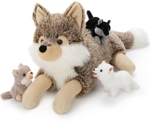 MorisMos liegend Wolf Kuscheltier XXL, 50cm riesen groß Plüschtier Wolf mit 3 Baby, PlüschWolf Stofftier Weich Spielzeug, Geburtstag Geschenk für Kinder