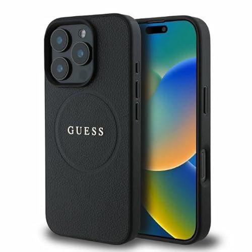 CG MOBILE Guess Magsafe PU Grained Hard Case With Gold Ring For iPhone 16 Pro Max - Black
