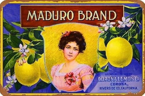 Corona Maduro Schöne viktorianische Frau, Zitrone, Zitrusfrüchte, Kiste, Etikett, Kunstdruck, Wandkunst, Blechposter, Retro-Metallschild, 20 x 30 cm, für Zuhause, Garage, Männer, Höhle, Büro, Bar,