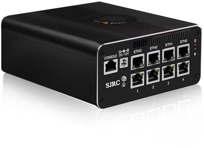 SJRC Mini PC Firewall Micro Appliance, 12th Gen Pentium Gold 8505, 8 x i226V 2.5GbE LAN, DDR5 8GB RAM 128GB NVMe SSD, Support OPNsense, USB3.2, Type-C, TF Slot, 4 Display, Console