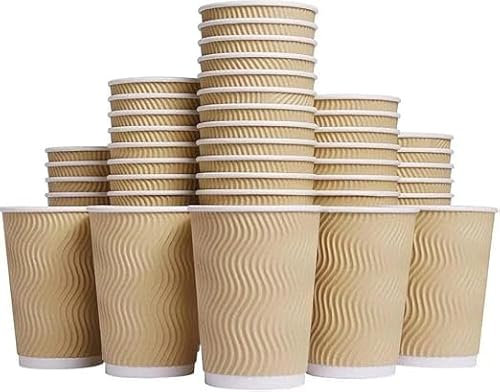 STL Disposable Kraft Coffee Ripple Cups Paper Cups for Hot & Cold Drinks Triple Walled Insulated Leakproof Paper Cup Reusable Takeaway Ideal for Café,Office,Events (50, 8oz)