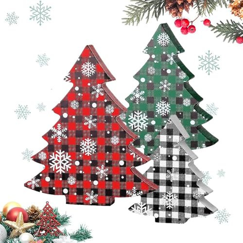 Decoración de árbol de vacaciones – Estilo granja, acento con lazo a cuadros | Decoración rústica del árbol de Navidad de madera, pequeño adorno de oficina de árbol de Navidad, accesorio de mesa para