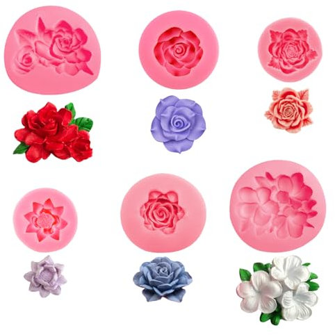 Moldes de Silicona de Flores 6 Piezas Moldes Flores Silicona Rosa Moldes de Silicona Flores 3D Para Moldes Peonía Velas Para el Jabón, Fondant, Velas, Dulces, Chocolate, Decoración de Pasteles
